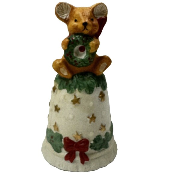 Ceramic Christmas Bell with Mouse and Wreath - Picture 1 of 5